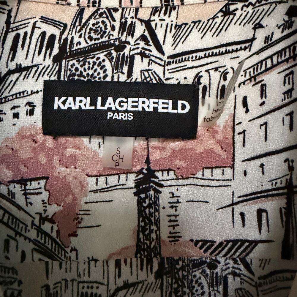 Karl Lagerfield Whimsical Print‎ Collar Pocket Roll-Tab Shirt Dune Pink Small - Picture 5 of 8
